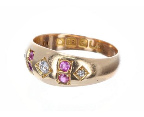 Edwardian 18ct ruby and diamond gypsy ring, 7.5mm, 4.1gm, ring size M