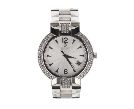Concord stainless steel gentleman's bracelet watch, ref. 14.C2.1891, circular silvered guilloche dial, diamond set case, quar