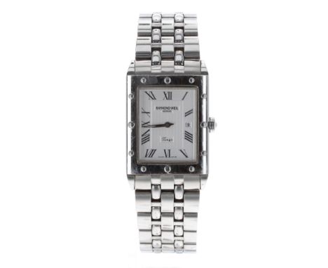 Raymond Weil Geneve Tango rectangular stainless steel gentleman's bracelet watch, ref. 5381, rectangular silvered dial. quart