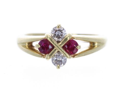 18k ruby and diamond four stone ring, 4.6gm, ring size L