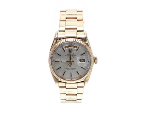 Rolex Oyster Perpetual Day-Date 18k gentleman's bracelet watch, ref. 1803, circular silvered dial with baton markers, outer m