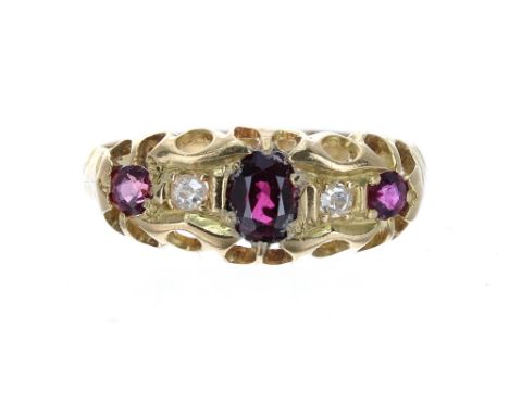 18ct claw set ruby and old-cut diamond ring, Birmingham 1912, band width 7mm, 2.3gm, ring size K