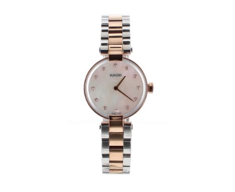 Rado Coupole two tone lady's bracelet watch, ref. 963.3855.2, circular mother of pearl dial with diamond markers, quartz, 27m