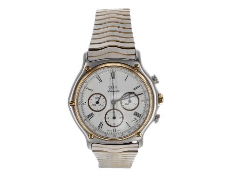 Ebel automatic chronograph stainless steel and gold gentleman's bracelet watch, ref. 1134901, circular white dial with Roman 