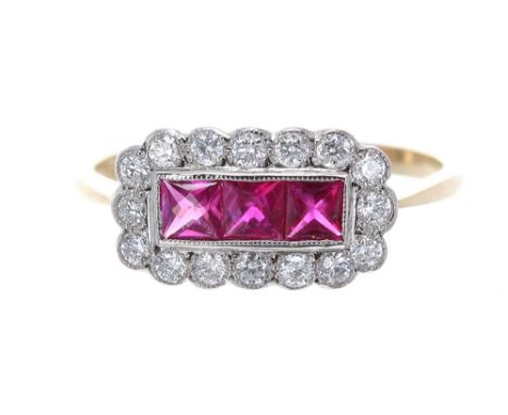 Art Deco style 18k three stone ruby and diamond cluster ring, width 8.5mm, 2.8gm, ring size O/P