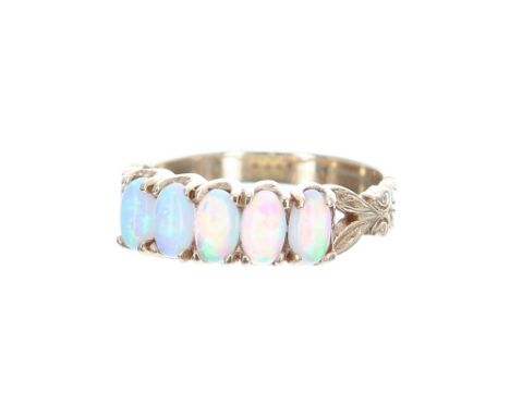 Pair of Art Nouveau style 9k earrings; also a 9k five stone opal ring, 7.4gm (3)    