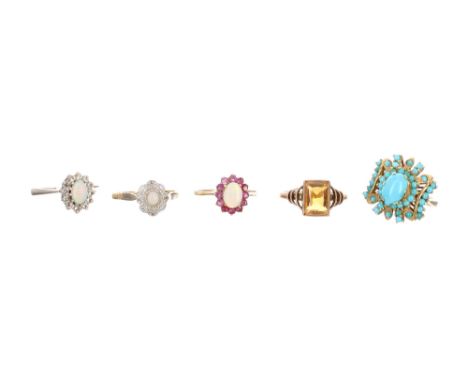 18ct white gold opal diamond cluster ring, ring size Q/R, 18ct opal ring, ring size L/M, two 9ct coloured stone set rings and