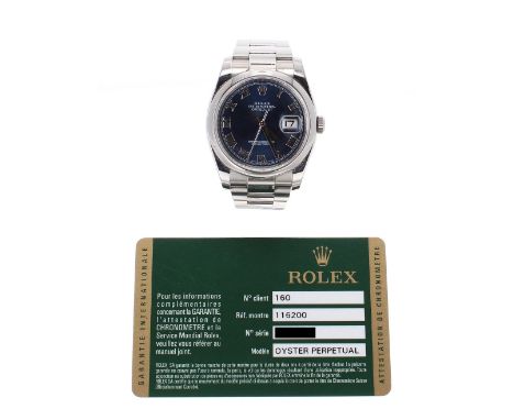 Rolex Oyster Perpetual DateJust stainless steel gentleman's bracelet watch, ref. 116200, ser. no. G15xxxx, circa 2010, circul