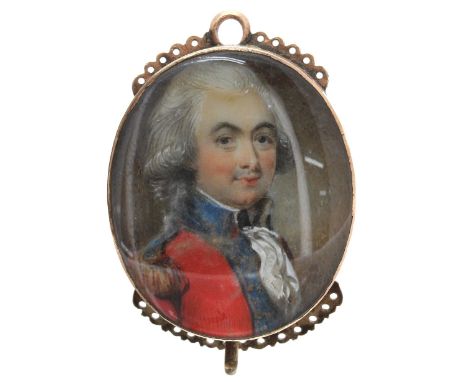 19th century oval portrait miniature, painted with the head and shoulders portrait of a military gentleman, within a yellow m