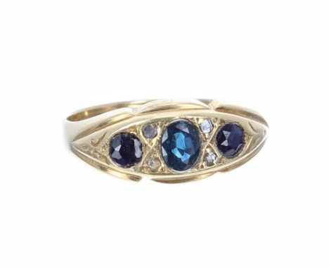 18ct sapphire and diamond boat shaped ring, Chester 1904, band width 8.5mm, 3.2gm, ring size R/S