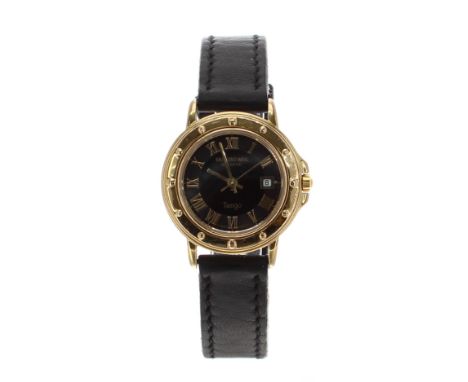 Raymond Weil Tango gold plated and stainless steel lady's wristwatch, ref. 5360, circular black dial, modern black leather st