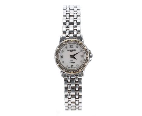 Raymond Weil Geneve Tango bicolour lady's bracelet watch, ref. 5860, circular mother of pearl dial with diamond markers, diam