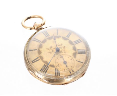 14ct cylinder engine turned pocket watch, the 44mm gilt Roman numeral dial with subsidiary seconds dial, 75.9gm, 44mm; two ke