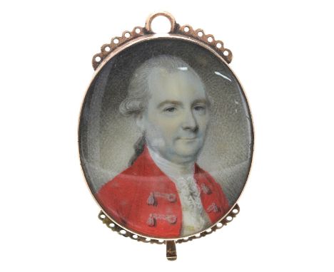 19th century oval portrait miniature, painted with the head and shoulders portrait of a military gentleman, within a yellow m