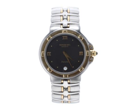 Raymond Weil Geneve Parsifal bicolour gentleman's bracelet watch, ref. 9190, circular black dial, cabouchon crown, quartz, 36