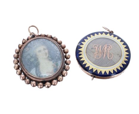 Gold and enamel cased double mourning circular pendant, monogrammed to both sides and inscribed 'W.M. 06.Sep 1849' and 'M.E.M