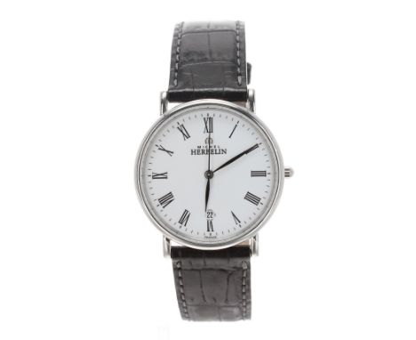 Michel Herbelin stainless steel gentleman's wristwatch, ref. 12443.1, circular white dial, black leather strap, quartz, 34mm 