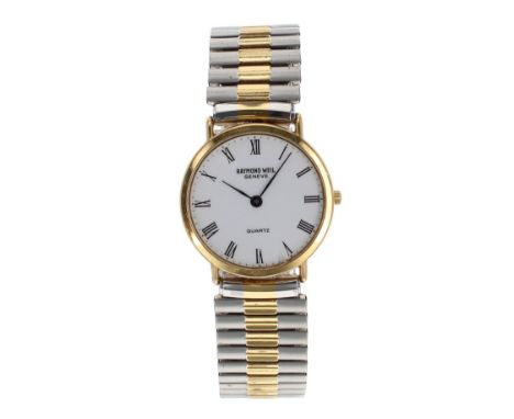 Raymond Weil gold plated gentleman's wristwatch, ref. 5508-2, circular white dial, later expanding bracelet, quartz, 31mm - *