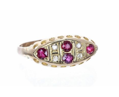 Late Victorian 22ct ruby and diamond boat shaped ring, London 1893, 7.5mm, 2.2gm, ring size O
