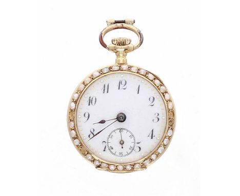 Attractive Continental 18k and enamel lever fob watch, dial with Arabic numerals and subsidiary seconds dial within a seed ha