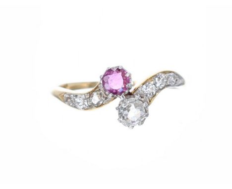 18k ruby and old-cut diamond cross-over design ring with diamond set shoulders, 2.1gm, ring size L  