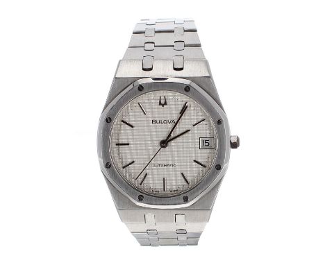 Bulova Royal Oak automatic stainless steel gentleman's bracelet watch, ref. 12055, circa 1979, circular silvered dial with ba