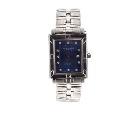 Raymond Weil Parsifal rectangular stainless steel gentleman's bracelet watch, ref. 9331, rectangular blue dial with diamond m