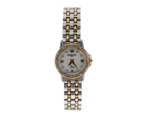 Raymond Weil Geneve Tango bicolour lady's bracelet watch, ref. 5860, circular mother of pearl dial with Roman quarter numeral