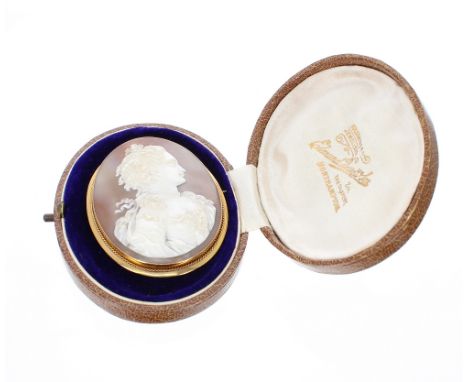9ct oval cameo brooch, carved with the head and shoulders profile portrait of a lady, 21gm, 60mm high overall, within an Edmu