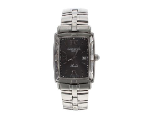 Raymond Weil Parsifal rectangular stainless steel gentleman's bracelet watch, ref. 9341, rectangular grey dial, cabouchon cro