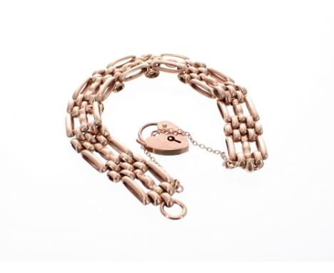 9ct rose gold gate bracelet with engraved padlock clasp, 19.4gm, 6.5" long