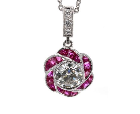 Fine 18k white gold ruby and diamond pendant on trace chain, the principle round brilliant-cut diamond estimated 0.58ct appro