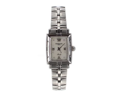 Raymond Weil Geneve Parsifal rectangular stainless steel lady's bracelet watch, ref. 9741, rectangular mother of pearl dial w