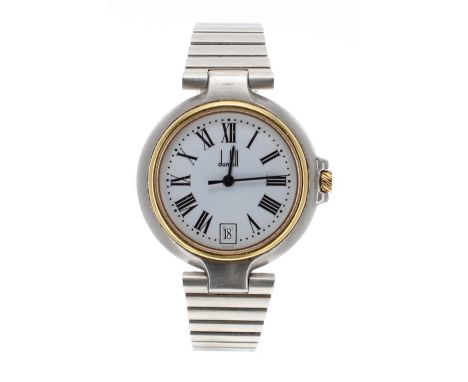 Dunhill stainless steel and gold lady's bracelet watch, ref. 6 QPRM, circular white dial, inscribed case, quartz, 32mm - Cond