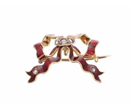 Attractive late Victorian gold and red enamel bow brooch, set with five rose-cut diamonds, 4.8gm, 27mm wide 