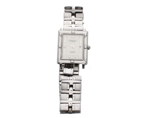 Raymond Weil Parsifal rectangular stainless steel gentleman's bracelet watch, ref. 9331, rectangular silvered dial, cabouchon