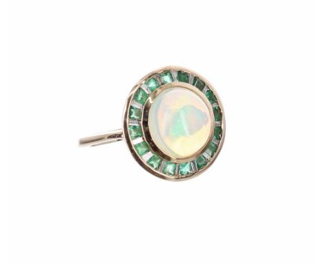 9k opal, emerald and diamond oval cluster ring, 16mm diameter, 4.2gm, ring size L/M