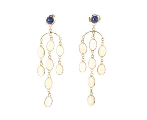 Pair of 14k sapphire and opal drop earrings, 2.8gm, drop 53mm approx