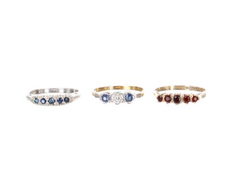 18ct and platinum diamond and sapphire ring, ring size Q; also 9ct white gold five stone sapphire ring, ring size P and anoth