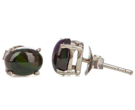 PAIR OF ETHIOPIAN BLACK OPAL STUD EARRINGS,set with cabochon stones, in silver