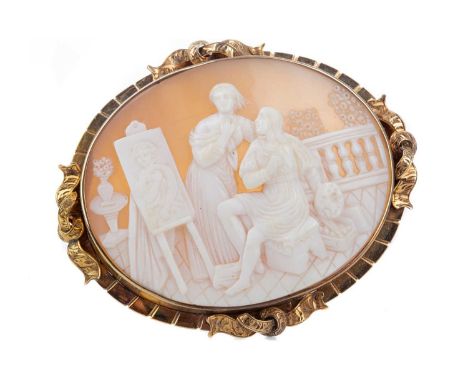 IMPRESSIVELY CARVED CAMEO BROOCH,depicting a classical artistic scene of an artist painting a portrait of a lady, to an unmar