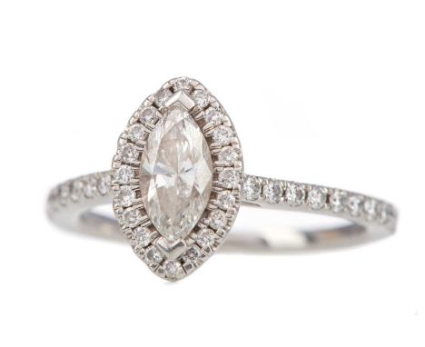 DIAMOND DRESS RING,set with 0.50 carat marquise diamond within a halo of round brilliant cut diamonds, on diamond shoulders, 