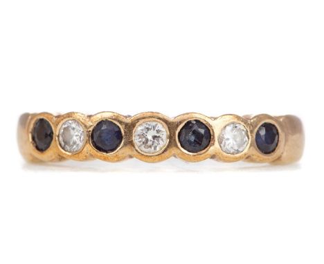 SAPPHIRE AND DIAMOND RING,set with alternating sapphires and diamonds, in nine carat gold, size K 1/2, 2.6g