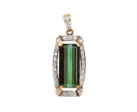 TOURMALINE AND DIAMOND PENDANT,the rectangular step cut tourmaline 19mm long, within a diamond halo, in nine carat gold