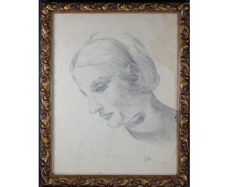 Signed, 1959 Portrait of a Woman. Pencil/Paper. Signed indistinctly and dated 1959 lower right. Sight size: 13.5 x 10.5 in. O