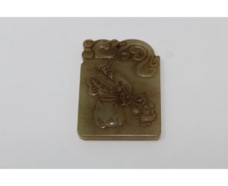 Chinese, Carved Jade Figural Pendant. Calligraphy poem on backside of pendant. Depicting a scholar and young child on front o