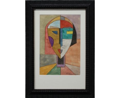 Signed, European School Abstract Geometric Portrait. Bearing illegible signature lower right. Mixed media/paper. Sight Size: 
