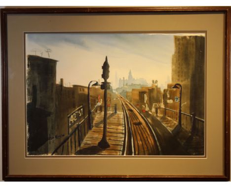 42nd Street Train Station (NY) Signed Watercolor. 20th c. watercolor/paper. Signed indistinctly lower left. 42nd Street was a