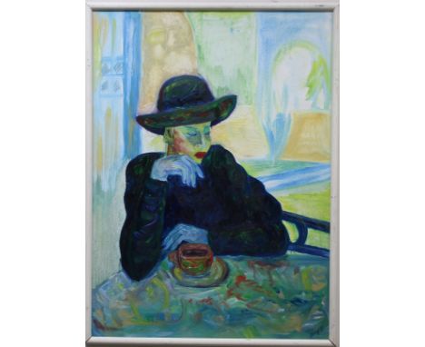 1971 Signed Portrait of a Woman Wearing a Hat Seated at a Table. European School. Oil on paper. Signed and dated lower right.