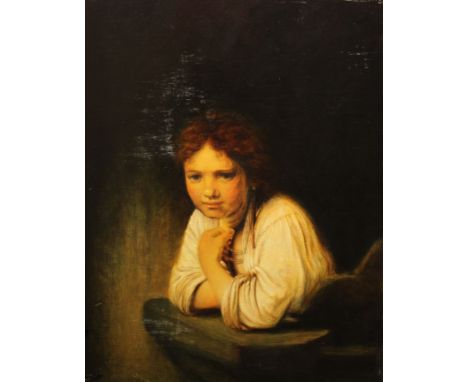 After Rembrandt, Portrait of a Young Girl. Oil on panel. Inscribed verso. Size: 18.5 x 14.5 in. Unframed.